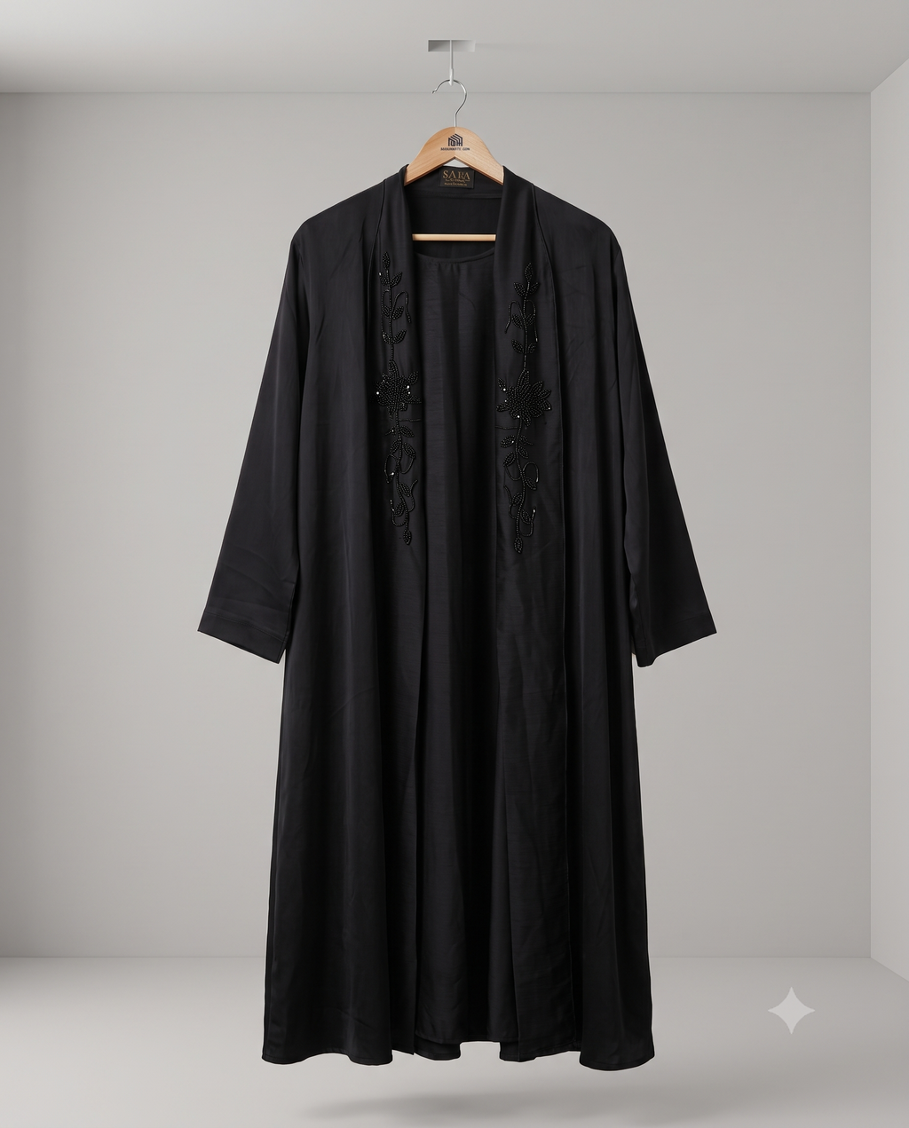 2-Piece Jacket Hand-Embroidered Black Shrug Abaya Set (Jacket / Coat Style Abaya with Inner Dress (S04)