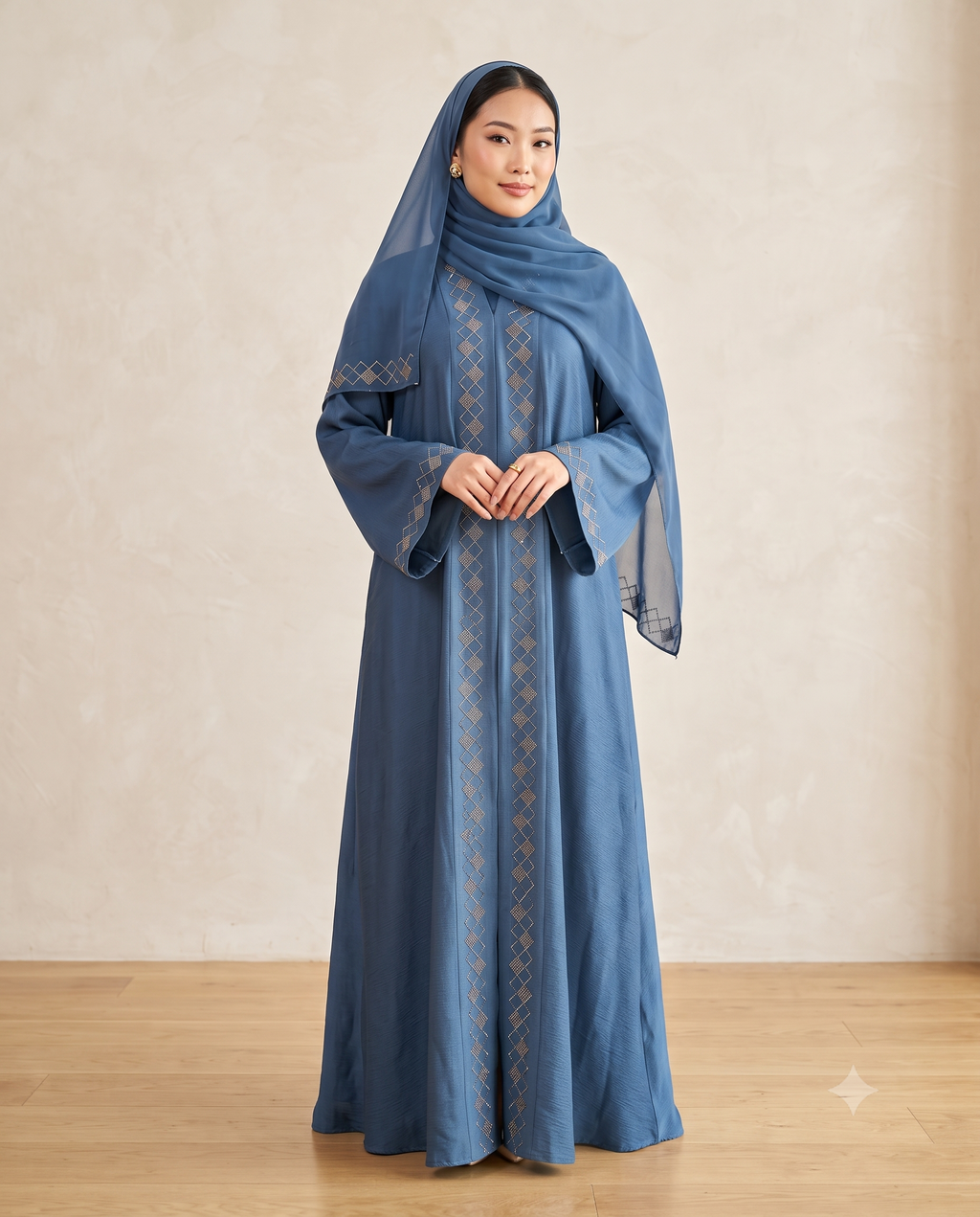 Premium Dusty Blue Front-Open Abaya with Geometric Stone Work & Matching Hijab (S11)